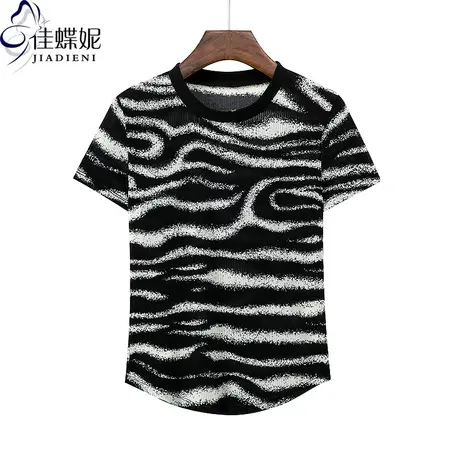 夏季新款圆领撞色修身圆弧纯欲水波纹网纱透明短袖体恤上衣女打底图片