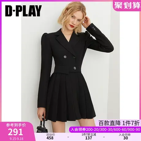 DPLAY【黑标】秋装新复古黑色双排扣收腰通勤西装式连衣裙图片