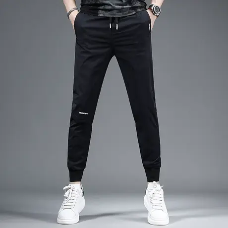 2023夏季新款黑色裤子男休闲裤冰丝薄款修身束脚松紧腰男生裤子商品大图