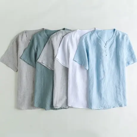 断码50圆领t恤男中国风亚麻薄款夏季短袖上衣男士V领棉麻半袖体恤商品大图