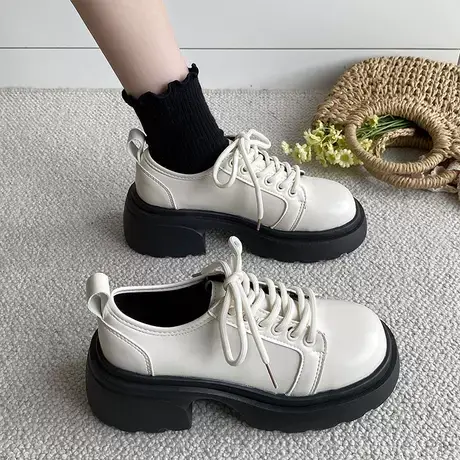 英伦风小皮鞋女2023春季新款百搭小个子增高系带圆头厚底松糕单鞋商品大图