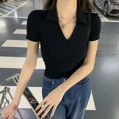 辣妹修身显瘦黑色V领polo衫女2024夏季性感紧身短袖针织T恤上衣服图片
