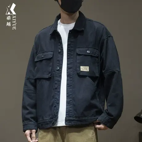 春秋简约百搭牛仔夹克男春秋多口袋加绒加厚外套宽松大码胖子男装商品大图