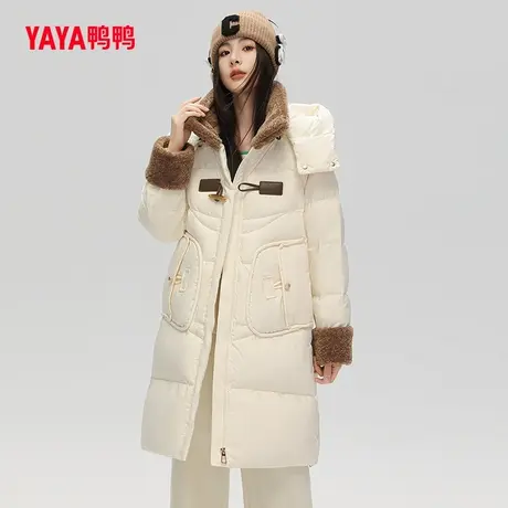 鸭鸭羽绒服女2023年冬季新款中长款撞色连帽气质时尚宽松外套C图片