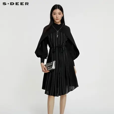 sdeer圣迪奥女装立领条纹收腰灯笼袖连衣裙S231Z1269图片
