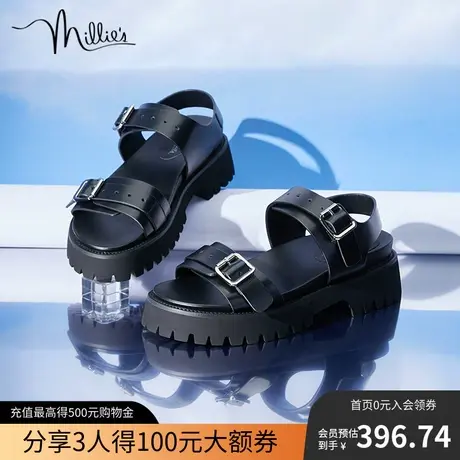 妙丽春季新款时尚一字式扣带牛皮学院风厚底休闲女凉鞋00-15BL1图片