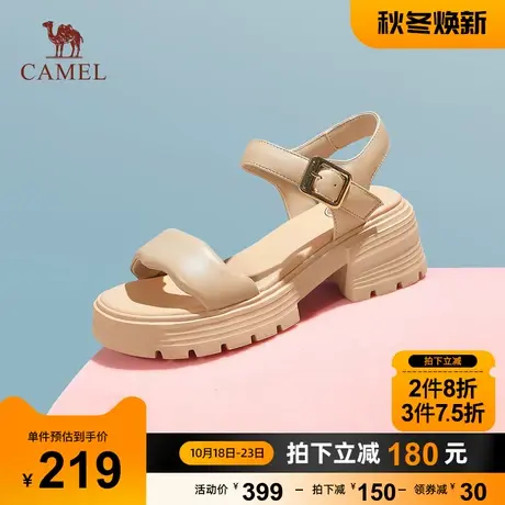骆驼凉鞋女2023夏季新款羊皮一字带凉鞋女粗跟露趾厚底时装凉鞋女图片