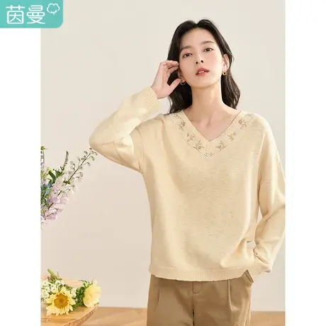 【商场同款】茵曼2023春女装新款田园通勤提花V领肌理感宽松毛衣图片