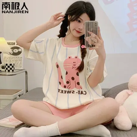 睡衣女款2024新款夏季纯棉女士夏天短袖套装春秋款喵咪家居服夏款商品大图