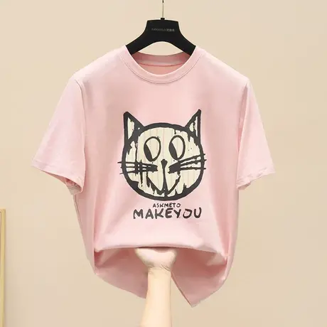 韩版卡通猫咪印花短袖T恤女2023年夏季新款时尚简约百搭圆领上衣图片