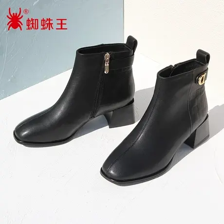蜘蛛王断码清仓正品裸靴羊皮2022冬季商场新款时装靴子女加绒粗跟图片