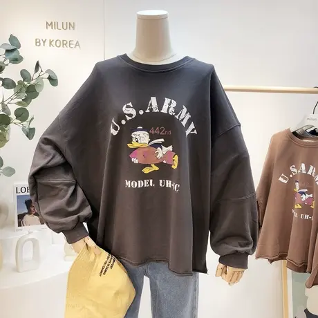 2021秋季新款慵懒休闲卫衣韩国东大门chic印花毛圈棉宽松卫衣大码商品大图