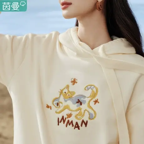 茵曼旗舰店加绒加厚卫衣女秋冬季2023新款宽松连帽外套上衣小个子图片