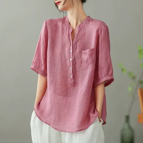 dza 复古苎麻立领衬衫女2023夏薄款套头衬衣百搭宽松棉麻口袋上衣商品大图