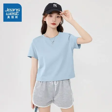 KMV真维斯蓝色短款正肩纯棉短袖女t恤2025新款夏季显瘦小个子体恤商品大图