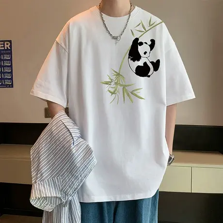 纯棉宽松短袖T恤男夏季2025新款熊猫卡通潮牌男装半袖中国风体恤T商品大图