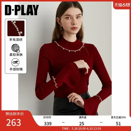 DPLAY2025年春季新款红色毛衣女本命年含羊毛修身流行针织衫上衣商品大图