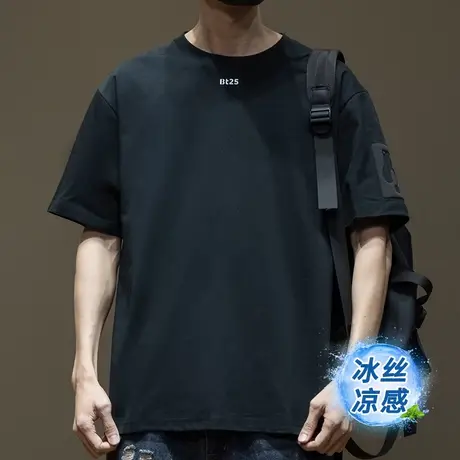 夏季凉感冰丝棉t恤男士短袖2025新款胖子加大码印花圆领打底衫ins商品大图
