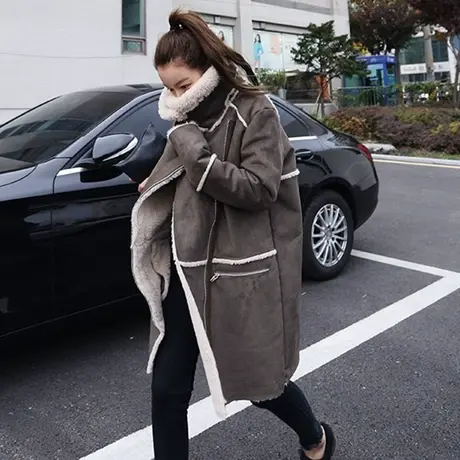 冬装新款羊羔毛鹿绒皮复合棉衣女中长款韩版宽松大码棉服加厚棉袄图片