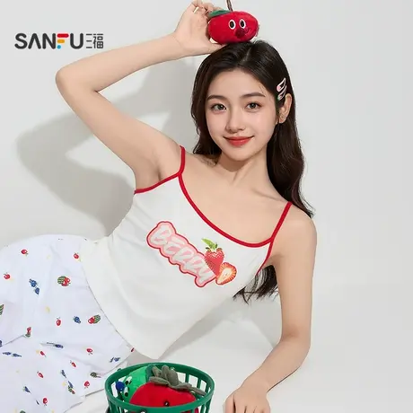 三福女夏季水果图案吊带单衣 甜美清新修身家居服上衣女503712商品大图