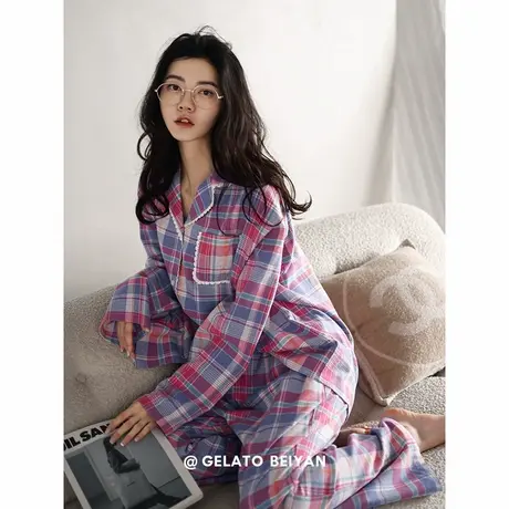 贝妍睡衣女春秋新款柔软棉长袖时尚开衫家居服简约格子可外穿套装商品大图