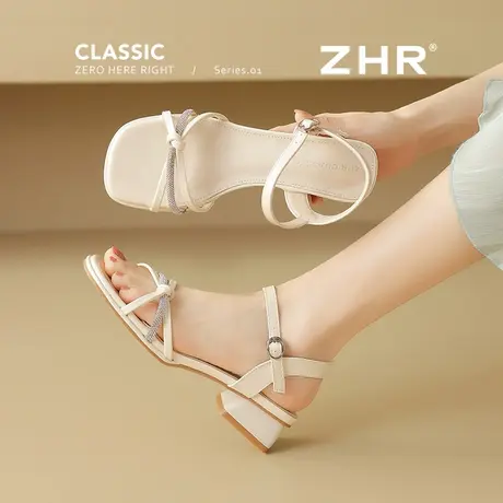 ZHR一字带凉鞋女2025夏季新款仙女风配裙子露趾不累脚粗跟高跟鞋商品大图