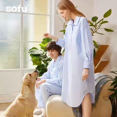 sofu一片式立领罩衫纯棉高级感睡衣家居服sofu蓝衬衫休闲女睡裙商品大图