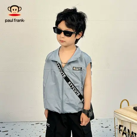 大嘴猴无袖背心衬衫春夏季休闲宽松上衣男童拉链夹克纯色薄外套商品大图