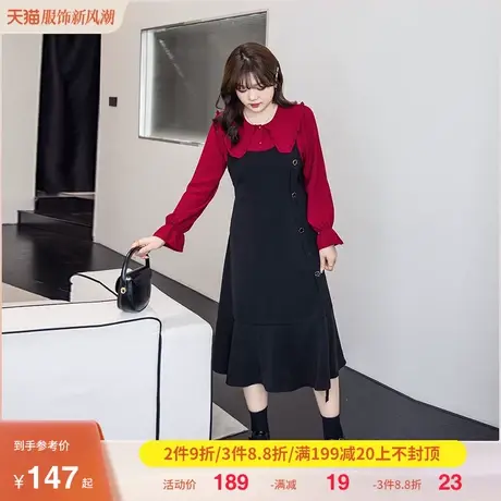 2023年秋季新款娃娃领减龄拼接假两件连衣裙长款遮肉显瘦大码胖mm商品大图