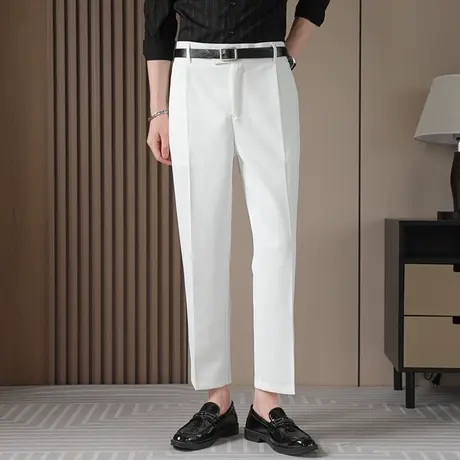 白色西装裤男9分夏季薄款直筒休闲裤商务通勤垂感松紧腰九分裤潮图片