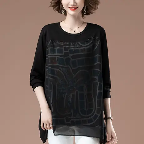 雪纺衫女长袖春秋加肥加大码女装宽松中年妈妈洋气拼接显瘦打底衫商品大图