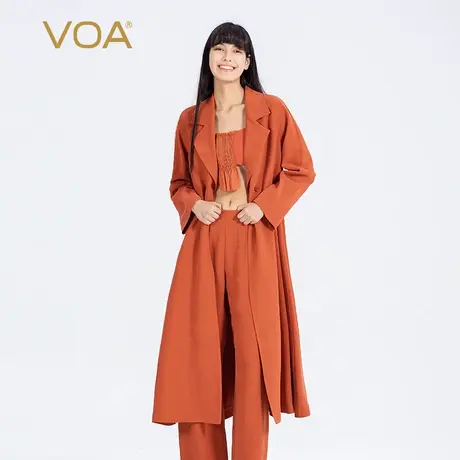 VOA重磅真丝40姆米栗棕西装领不对称一粒扣挖袋设计加厚长袖风衣图片