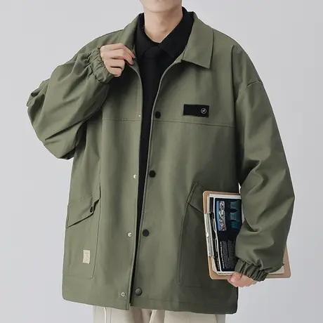 男士军绿色工装外套男高级感痞帅秋季休闲夹克翻领上衣2023年新款商品大图