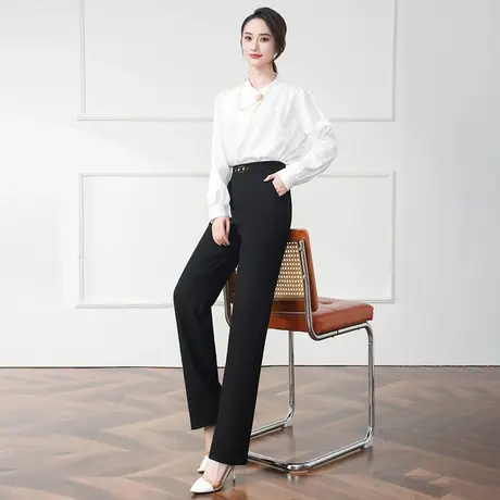 拉夏贝尔黑色阔腿裤女2025年春秋新款垂感显瘦宽松直筒裤西装裤子商品大图