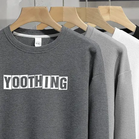 春秋款华夫格卫衣男圆领长袖t恤宽松潮流字母印花套头无帽上衣服商品大图