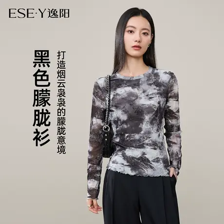 逸阳复古晕染水墨T恤女2025年秋新款长袖修身显瘦网纱印花打底衫商品大图
