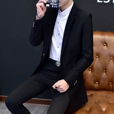 西装男中长款韩版潮流休闲小西服套装修身长款男士外套2023年春季商品大图