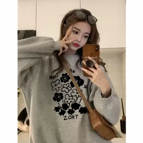 美式复古灰色薄款卫衣女2025秋冬设计感小众潮牌oversize加绒上衣商品大图