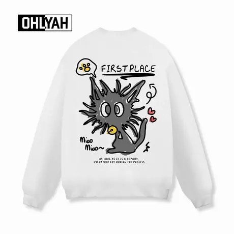 Ohlyah品牌涂鸦卡通猫咪印花情侣圆领卫衣男女款大码落肩oversize商品大图