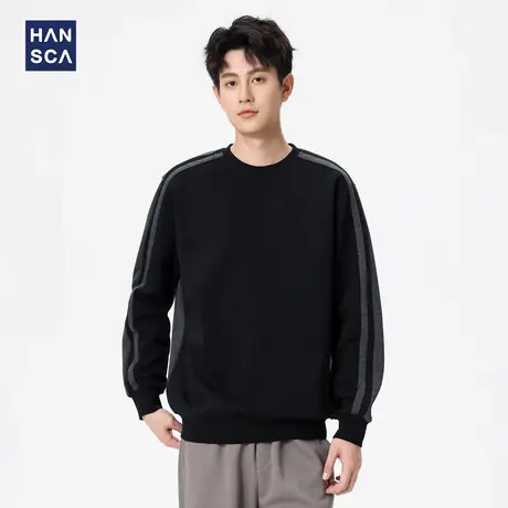hansca撞色条纹拼接宽松运动卫衣男300g重磅2025秋季潮牌休闲上衣商品大图