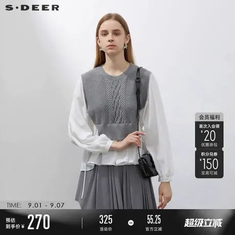 sdeer圣迪奥女装圆领钩花收腰雪纺拼接针织衫S231Z3524商品大图