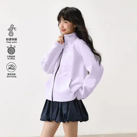 回力立领加厚加绒开衫外套女款2025新款冬季流行紫色拉链卫衣上衣商品大图