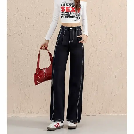 唐狮秋冬季牛仔长裤女明线设计直筒阔腿弯刀裤黑色显瘦百搭时尚tu图片