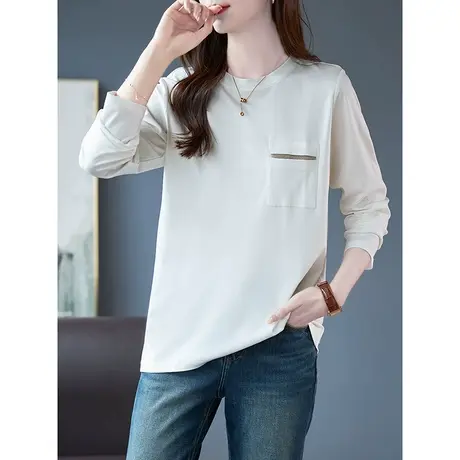 宝诗黎圆领烫钻打底长袖白色T恤女2023早秋新款百搭休闲棉质上衣商品大图