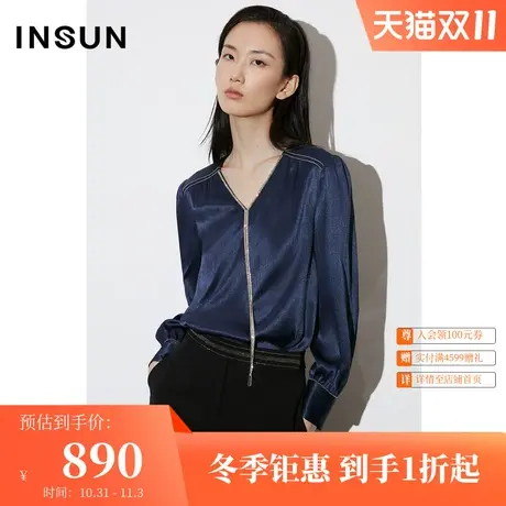 [鎏金系列]恩裳COVER2023春款新款缎面顺纡绉领口钻链宫廷感衬衫商品大图