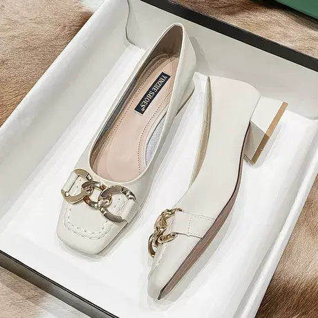 粗跟单鞋女软皮2023年秋款小皮鞋百搭浅口休闲软底温柔奶奶鞋高跟商品大图