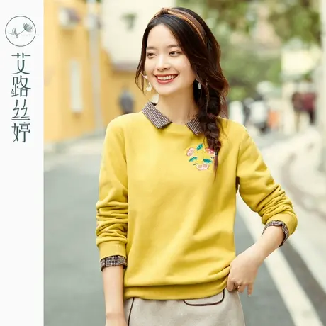 艾路丝婷刺绣加绒卫衣女装2022冬装新款韩版打底衫假两件休闲上衣商品大图