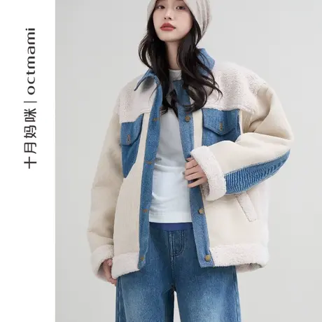 十月妈咪孕妇外套2023新款冬季外穿怀孕期仿羊羔绒牛仔拼接上衣图片