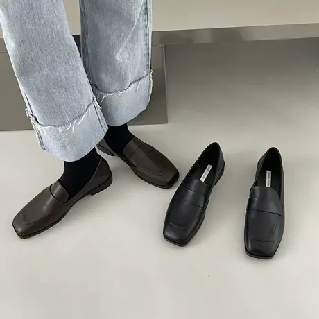 【真皮】复古方头小皮鞋女春季2023新款软底英伦风踩跟单鞋乐福鞋商品大图