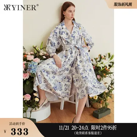 YINER音儿女装春季中长款印花风衣外套图片